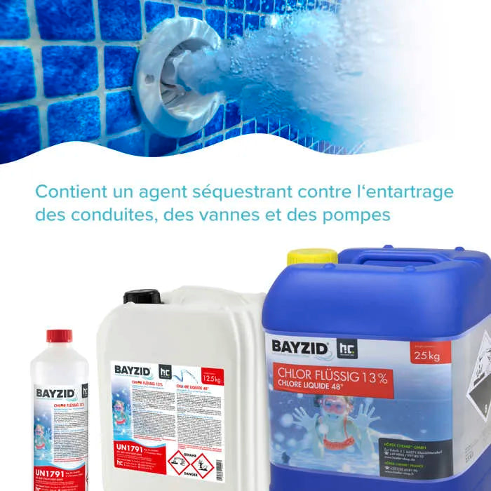 Bayzid® Cloro Líquido 48° – Desinfectante rápido para piscinas – 4 botellas de 25 kg – 13-15% de cloro activo