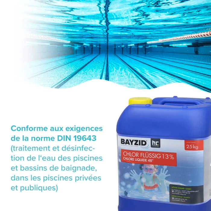 Bayzid® Cloro Líquido 48° – Desinfectante rápido para piscinas – 4 botellas de 25 kg – 13-15% de cloro activo