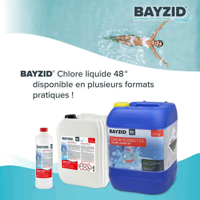 Bayzid® Cloro Líquido 48° – Desinfectante rápido para piscinas – 4 botellas de 25 kg – 13-15% de cloro activo