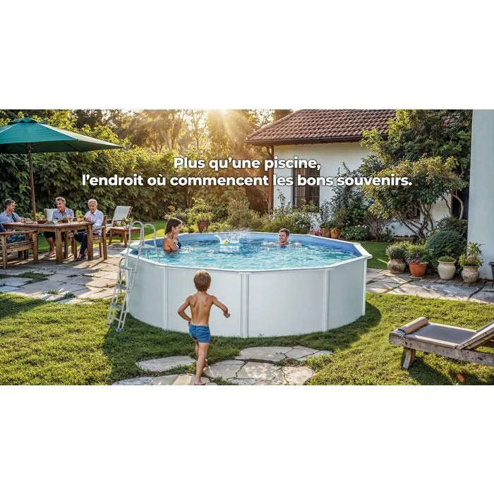 GRE - Kit de piscina redonda elevada de acero blanco de Ø300 x 122 cm (incluye filtro de arena y escalera)