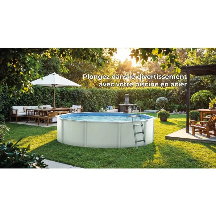 GRE - Kit de piscina redonda elevada de acero blanco de Ø300 x 122 cm (incluye filtro de arena y escalera)