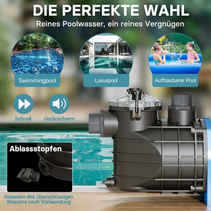 Bomba para piscinas Wiltec 2200 W, caudal 26.400 l/h y altura de impulsión de 18 m