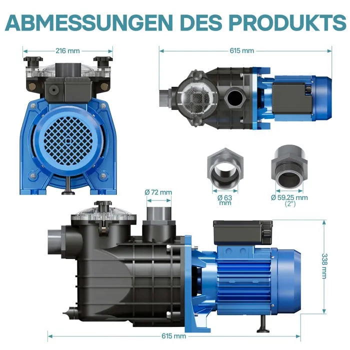 Bomba para piscinas Wiltec 2200 W, caudal 26.400 l/h y altura de impulsión de 18 m