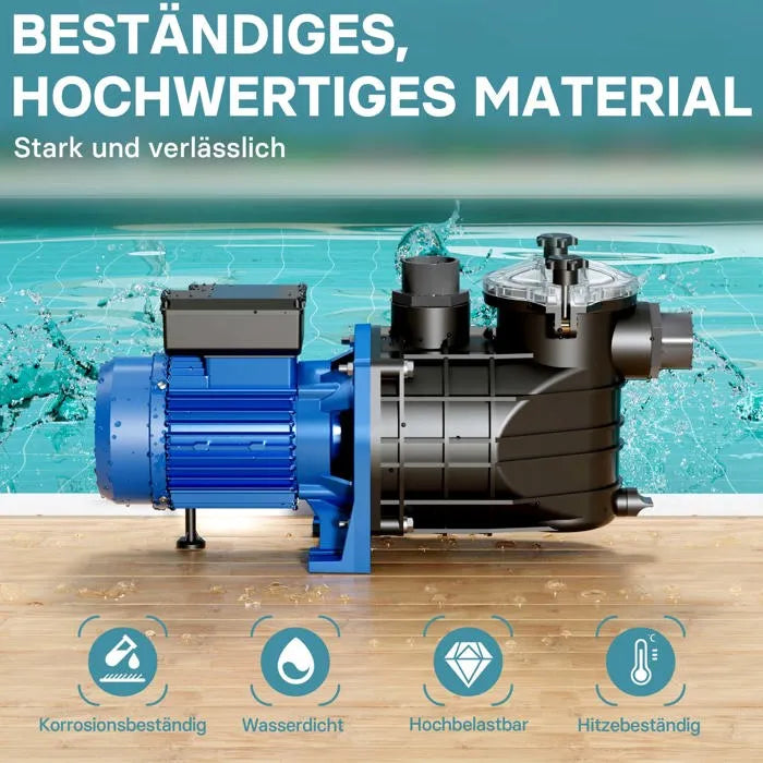 Bomba para piscinas Wiltec 2200 W, caudal 26.400 l/h y altura de impulsión de 18 m